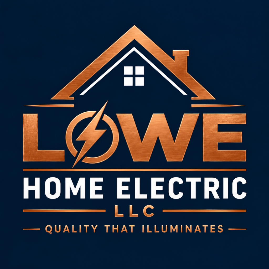 Lowe Home Electric LLC logo — copper house outline with a lightning bolt forming the W